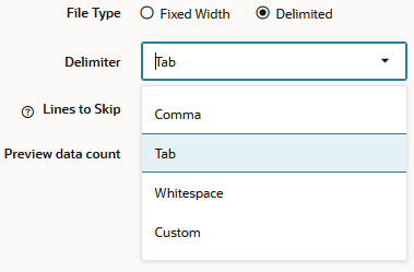 Rule file source properties dialog when the source is a file. File type selected is Delimited, and the delimiter selection is Tab. Other options are Comma, Whitespace, and Custom.