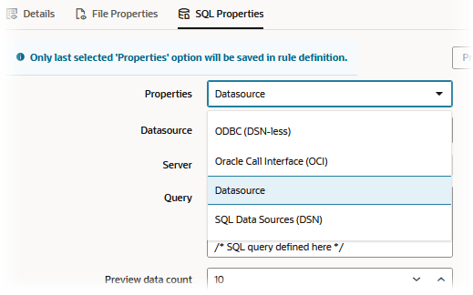 SQL Properties tab of the Edit Source dialog for a load rule, with options ODBC (DSN-less), Oracle Call Interface (OCI), Datasource, and SQL Data Sources (DSN)