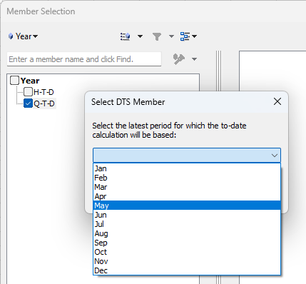 Smart View Member Selection dialog. Selecting May as the month to use for the Q-T-D reporting in the worksheet.