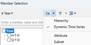 Smart View Member Selection dialog has Dynamic Time Series view enabled, so that the hidden members H-T-D and Q-T-D are available to be added to the worksheet.