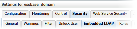 WebLogic Console with Security > Embedded LDAP tabs opened in the essbase_domain.