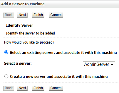 Add a Server to Machine dialog in WebLogic Console