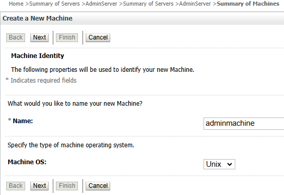 Machine Identity section of Create a New Machine workflow in the WebLogic Console