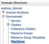 WebLogic Console domain structure tree. Beneath essbase_domain, Environment is expanded and Machines is selected.
