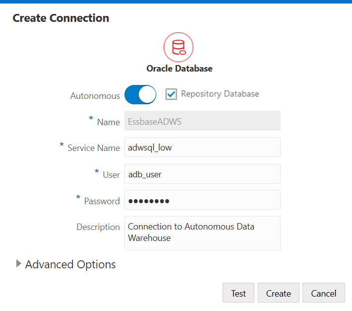 Image of the Create Connection dialog box, showing how to create a connection from Essbase to Oracle Autonomous Data Warehouse. Repository Database is checked. Name is EssbaseADWS. Service Name is adwsql_low. User is adb_user. Password is masked. Description reads: Connection to Autonomous Data Warehouse. Image of the Create Connection dialog box, showing how to create a connection from Essbase to Oracle Autonomous Data Warehouse. Repository Database is checked. Name is EssbaseADWS. Service Name is adwsql_low. User is adb_user. Password is masked. Description reads: Connection to Autonomous Data Warehouse.