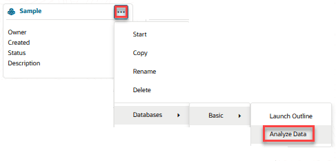 Image of the Applications page, with the actions menu for an application selected, and Databases > database_name > Analyze Data selected.