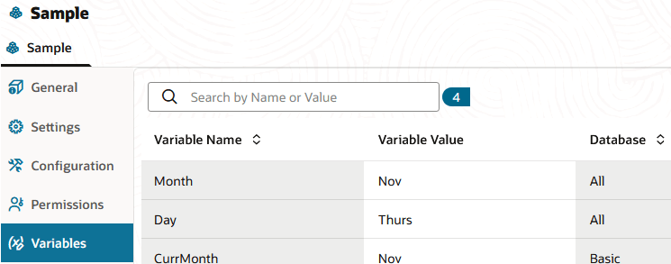 Image of a substitution variable created at the application level. Name: CurrMonth, Value: Nov Image of a substitution variable created at the application level. Name: CurrMonth, Value: Nov