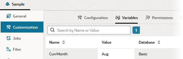 Image of a substitution variable created at the application level. Name: CurrMonth, Value: Aug