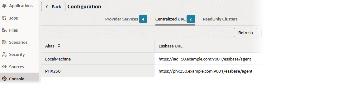 Two centralized URLs configured in the Essbase web interface Console. The Essbase discovery URL https://iad150.example.com:9001/essbase/agent is associated with an alias of LocalMachine. Another Essbase discovery URL, https://phx250.example.com:9001/essbase/agent, is associated with an alias of PHX250. Two centralized URLs configured in the Essbase web interface Console. The Essbase discovery URL https://iad150.example.com:9001/essbase/agent is associated with an alias of LocalMachine. Another Essbase discovery URL, https://phx250.example.com:9001/essbase/agent, is associated with an alias of PHX250.