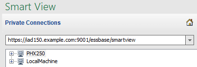 Smart View private connection with two server instance nodes, PHX250 and LocalMachine under a single URL (the local machine URL). Smart View private connection with two server instance nodes, PHX250 and LocalMachine under a single URL (the local machine URL).