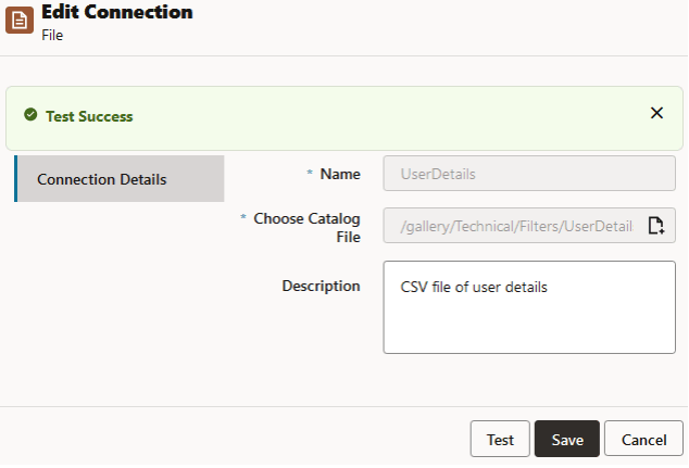 Create connection dialog for creating connnection to a file in the Essbase Server catalog. Name: UserDetails, path to catalog file: /gallery/Technical/Filters/UserDetails.csv, Description: CSV file of user details