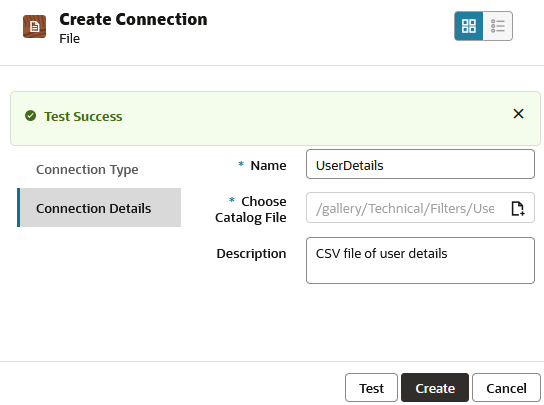 Create connection dialog for creating connnection to a file in the Essbase Server catalog. Name: UserDetails, path to catalog file: /gallery/Technical/Filters/UserDetails.csv, Description: CSV file of user details