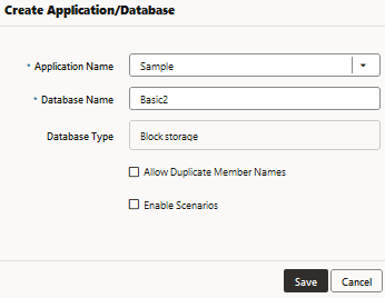Image of the Create Application/Database dialog box, with Sample selected for the application and Basic2 entered for the database. The database type is block storage and Allow Duplicate Member Names and Enable Scenarios are not selected.