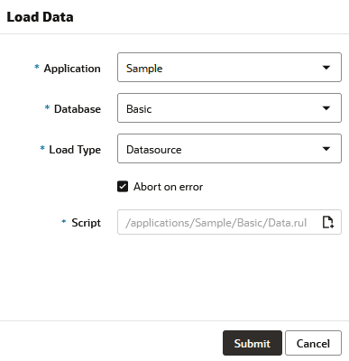 Image of the Load Data dialog box in Jobs, with Load Type of Datasource selected for application Sample and database Basic. The rule file is entered for the Script field, with the path of /applications/Sample/Basic/Data.rul. Image of the Load Data dialog box in Jobs, with Load Type of Datasource selected for application Sample and database Basic. The rule file is entered for the Script field, with the path of /applications/Sample/Basic/Data.rul.