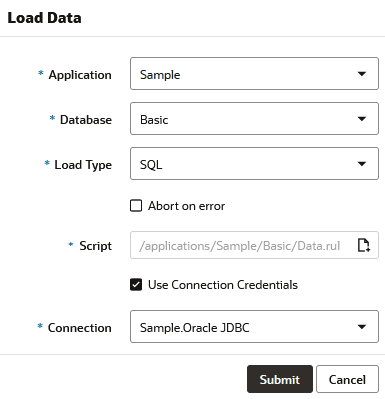 Image of the Load Data dialog box in Jobs, with Load Type of SQL selected for application Sample and database Basic. The rule file is entered for the Script field, with the path of /applications/Sample/Basic/Data.rul. The Use Connection Credentials option is checked. The connection being used is named SAMPLE.OracleDB. Image of the Load Data dialog box in Jobs, with Load Type of SQL selected for application Sample and database Basic. The rule file is entered for the Script field, with the path of /applications/Sample/Basic/Data.rul. The Use Connection Credentials option is checked. The connection being used is named SAMPLE.OracleDB.