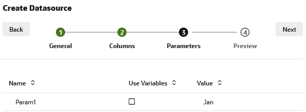 Image of the Parameters tab in the create Datasource wizard. Use Variables is unchecked, and the Value entered is Jan. Image of the Parameters tab in the create Datasource wizard. Use Variables is unchecked, and the Value entered is Jan.