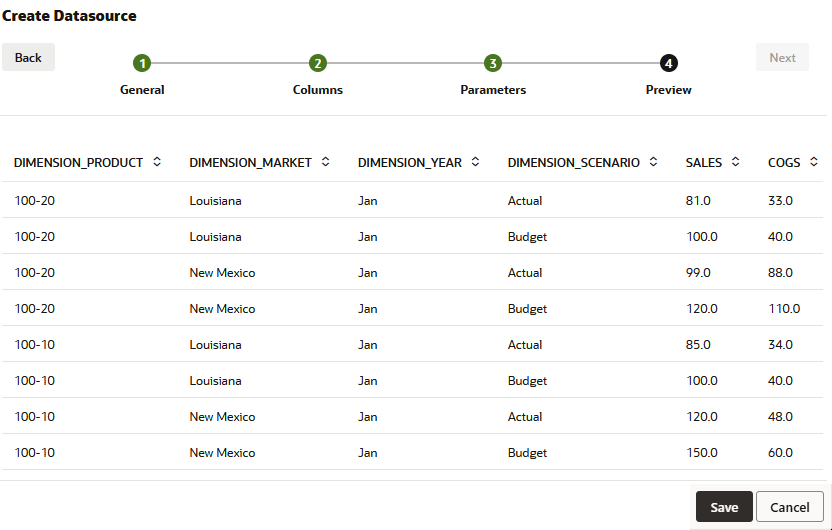 Image of the Preview tab in the create Datasource wizard, showing only records where DIMENSION_YEAR = Jan. Image of the Preview tab in the create Datasource wizard, showing only records where DIMENSION_YEAR = Jan.