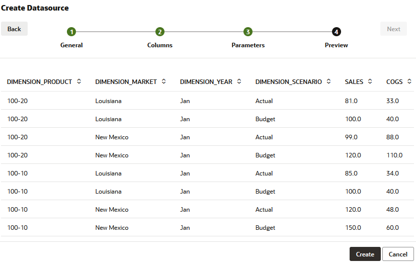 Image of the Preview tab in the create Datasource wizard, showing only records where DIMENSION_YEAR = Jan.
