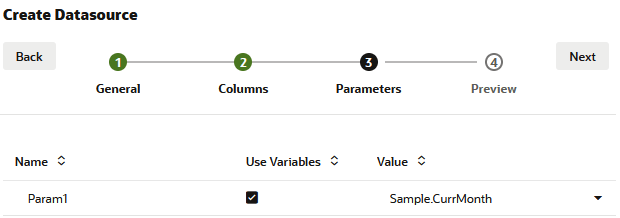 Image of the Parameters tab in the create Datasource wizard. Use Variables is checked, and the Value is Sample.CurrMonth. Image of the Parameters tab in the create Datasource wizard. Use Variables is checked, and the Value is Sample.CurrMonth.