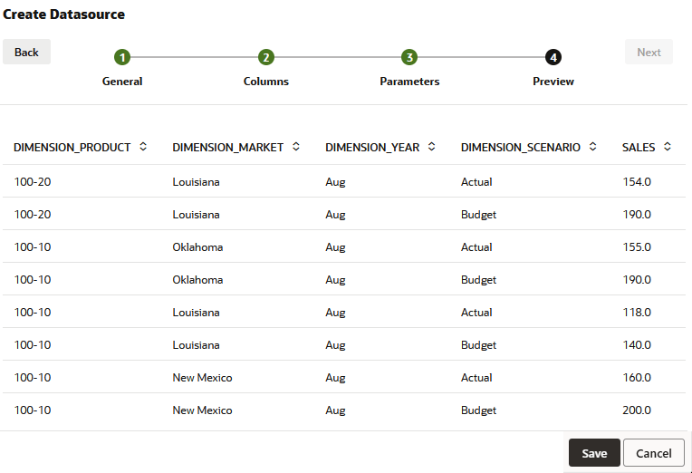 Image of the Preview tab in the create Datasource wizard, showing only records where DIMENSION_YEAR = Aug. Image of the Preview tab in the create Datasource wizard, showing only records where DIMENSION_YEAR = Aug.