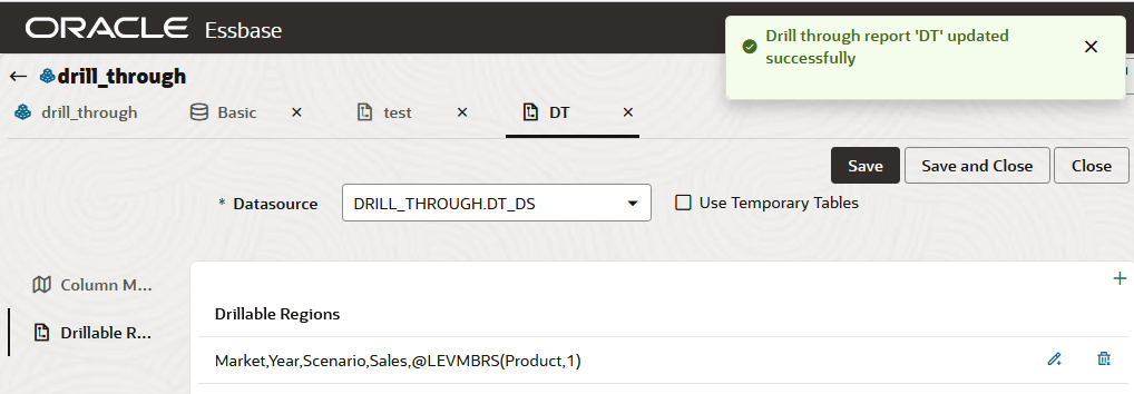 Image of the Drillable Regions tab in the drill through report wizard, with a drillable region defined for Market, Year, Scenario, Sales, and level 1 members in Product. Image of the Drillable Regions tab in the drill through report wizard, with a drillable region defined for Market, Year, Scenario, Sales, and level 1 members in Product.