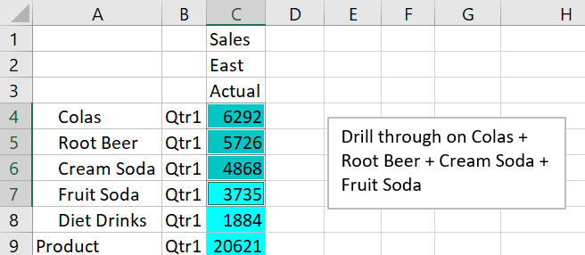 Image of a Smart View sheet, querying Sample Basic, with products Colas, Root Beer, Cream Soda, and Fruit Soda selected. Image of a Smart View sheet, querying Sample Basic, with products Colas, Root Beer, Cream Soda, and Fruit Soda selected.