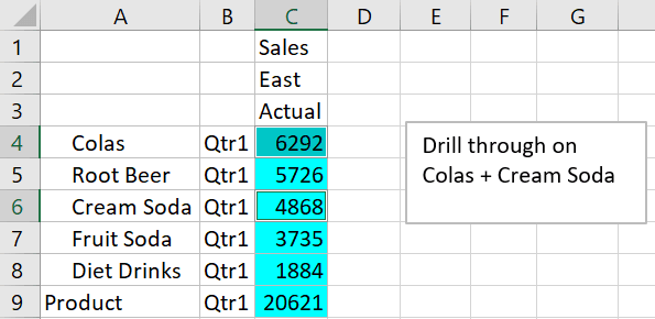 Image of a Smart View query sheet showing Sample Basic members, with cells for Colas and Cream Soda selected. Image of a Smart View query sheet showing Sample Basic members, with cells for Colas and Cream Soda selected.