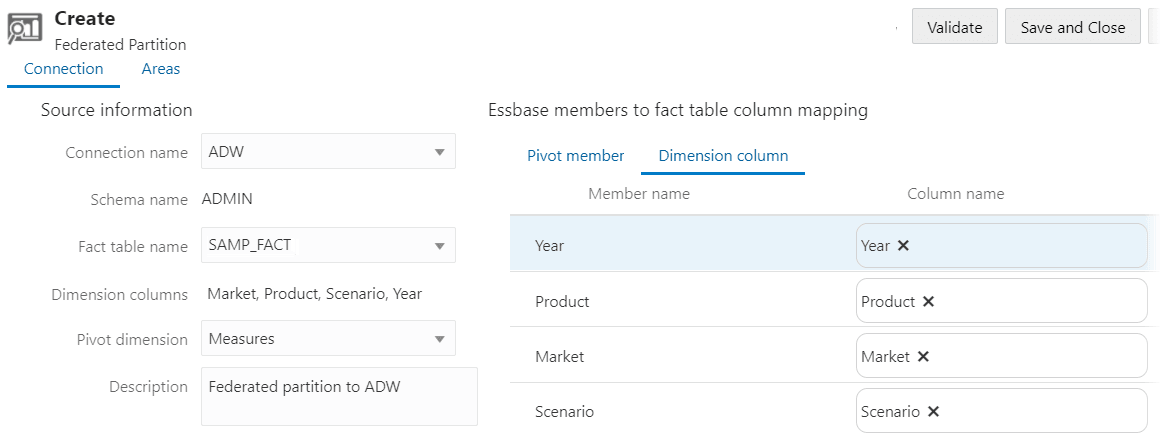Federated partition definition with dimension column mapping shown in Essbase web interface Federated partition definition with dimension column mapping shown in Essbase web interface