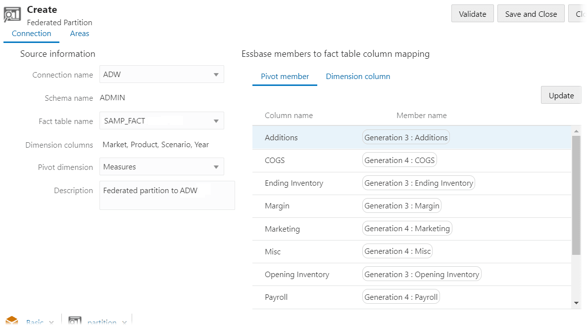 Federated partition definition with pivot member mapping shown in Essbase web interface Federated partition definition with pivot member mapping shown in Essbase web interface