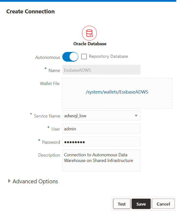 Image of the Create Connection dialog box, showing how to create a connection from Essbase to Oracle Autonomous Data Warehouse