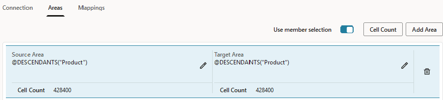 Image of the areas tab in a replicated partition, showing @DESCENDANTS(Product) for both source and target.