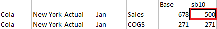 Image of a Smart View grid showing a base member and a sandbox member, with a changed value in the sandbox member. Image of a Smart View grid showing a base member and a sandbox member, with a changed value in the sandbox member.