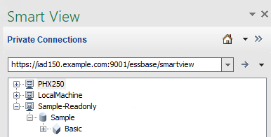 Multiple Essbase server nodes accessible under a centralized Smart View URL. The URL for this private connection is https://iad150.example.com:9001/essbase/smartview. The Nodes are represented by aliases PHX250 and LocalMachine. A read only cluster is represented as ROcluster (with application Sample underneath, expanded to show database Basic). Multiple Essbase server nodes accessible under a centralized Smart View URL. The URL for this private connection is https://iad150.example.com:9001/essbase/smartview. The Nodes are represented by aliases PHX250 and LocalMachine. A read only cluster is represented as ROcluster (with application Sample underneath, expanded to show database Basic).