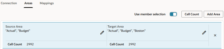 Image of a transparent partition area definition, showing a source area of "Actual", "Budget" and a target area of "Actual", "Budget", "Boston"
