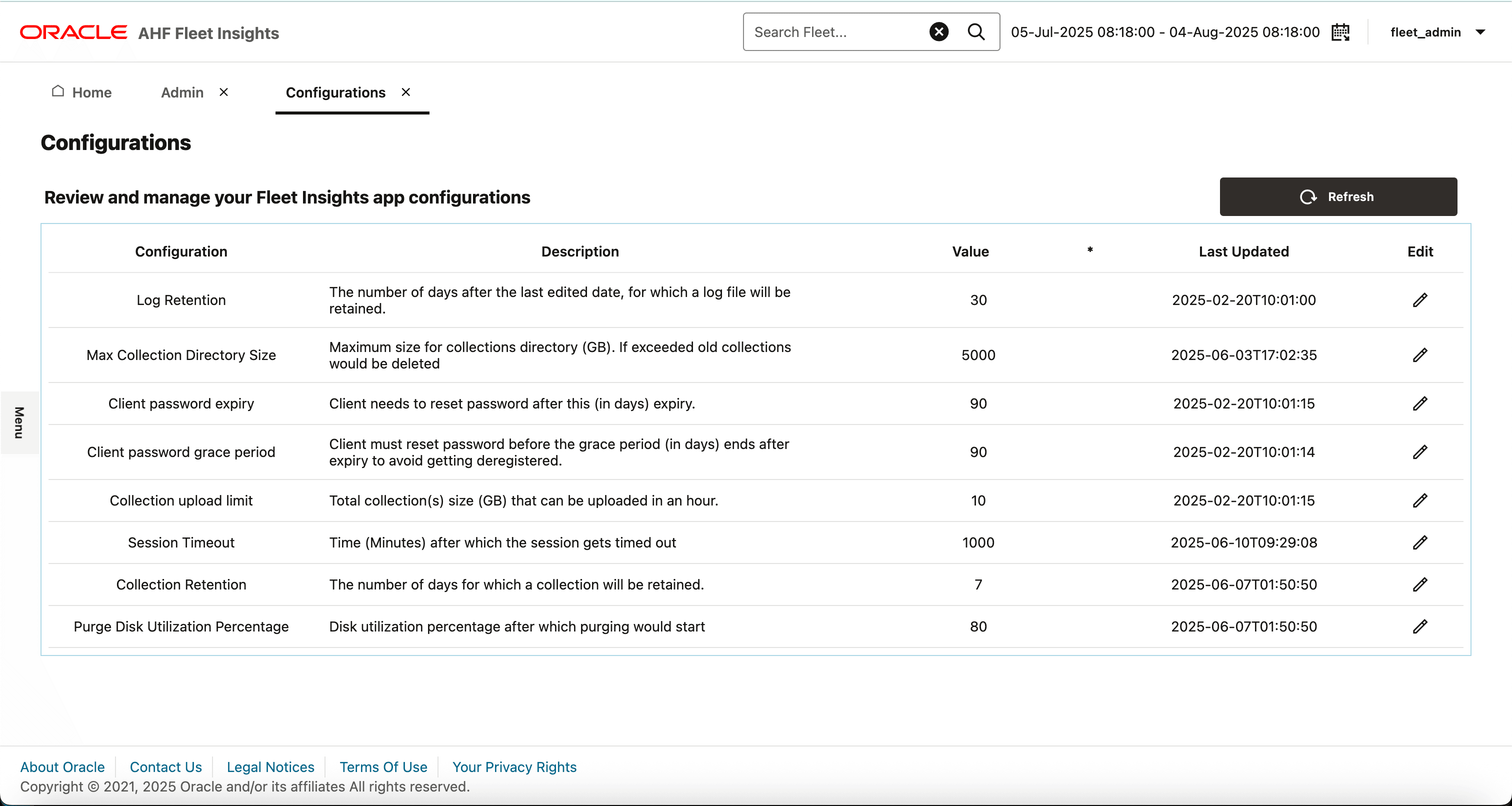 This image illustrates AHF Fleet Insights configuration parameters