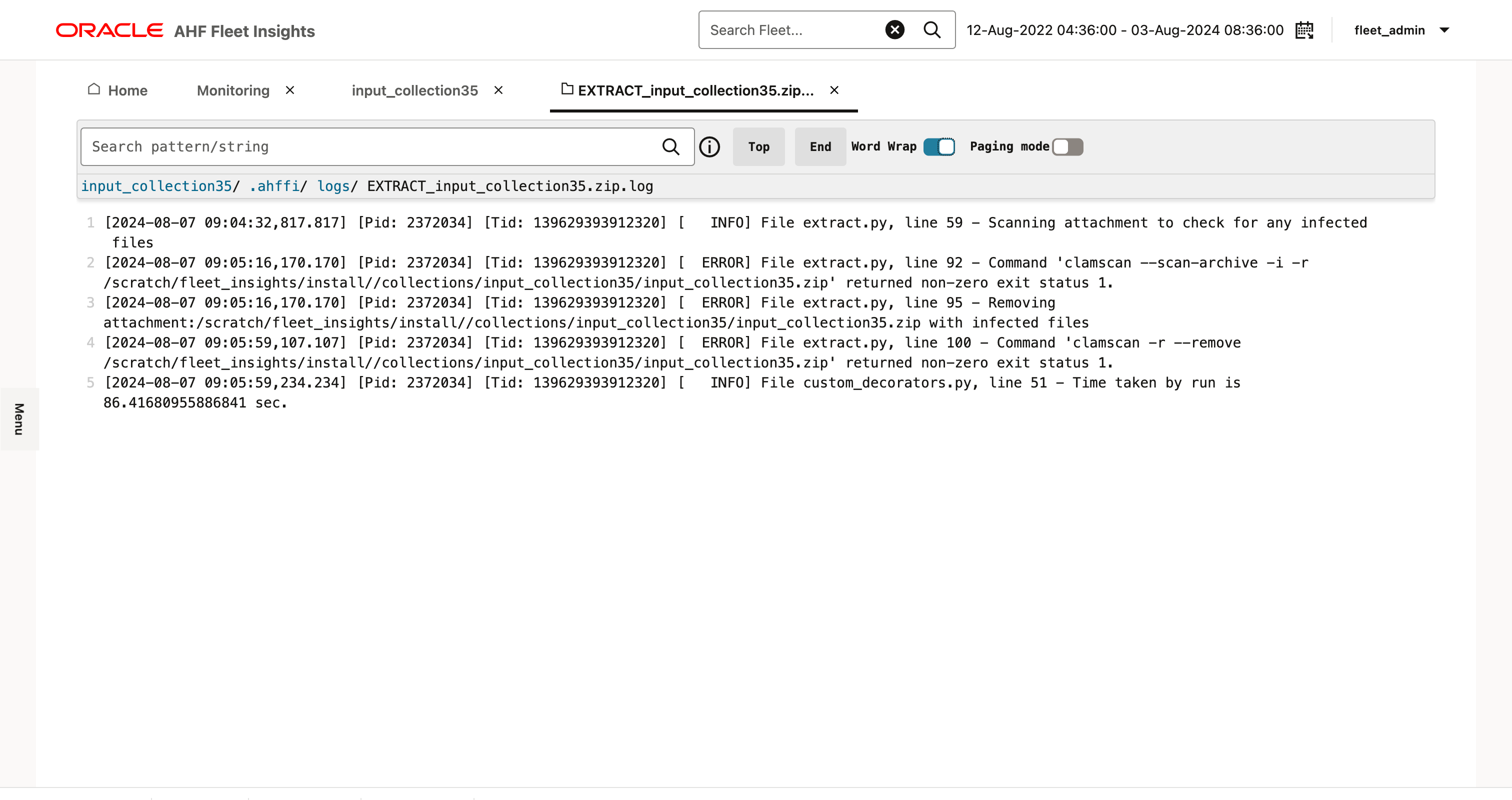 This image illustrates failed collection upload logs