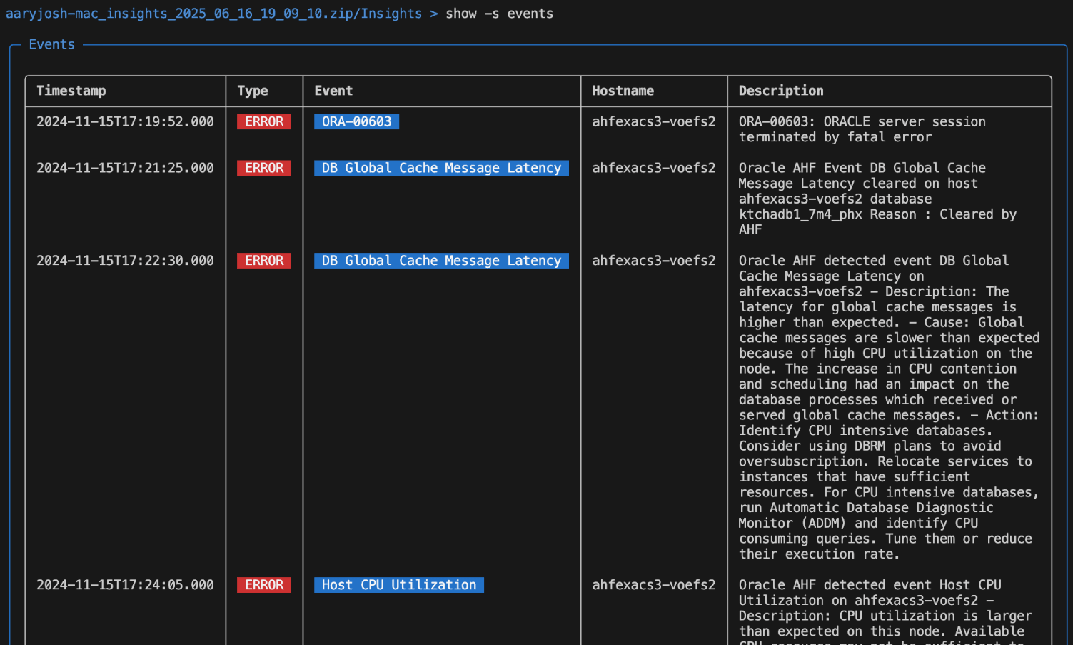 This image illustrates AHF Insights command show events