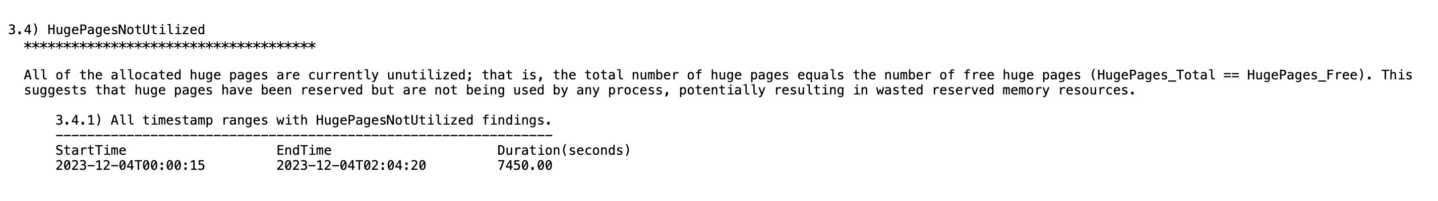 This image illustrates HugePagesNotUtilized Signature in Orachk CHM Analysis section