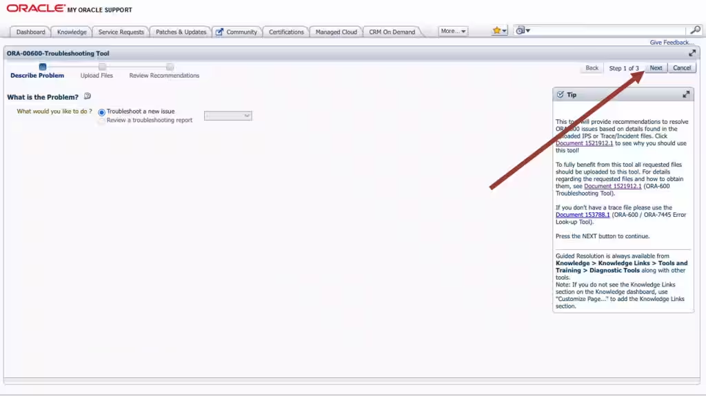 This image illustrates My Oracle Support ORA-00600 troubleshooting tool