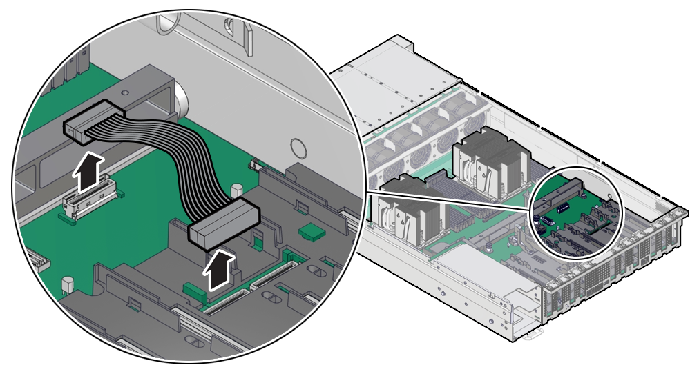Figure showing the PCIe Flyover cable being removed from the server.