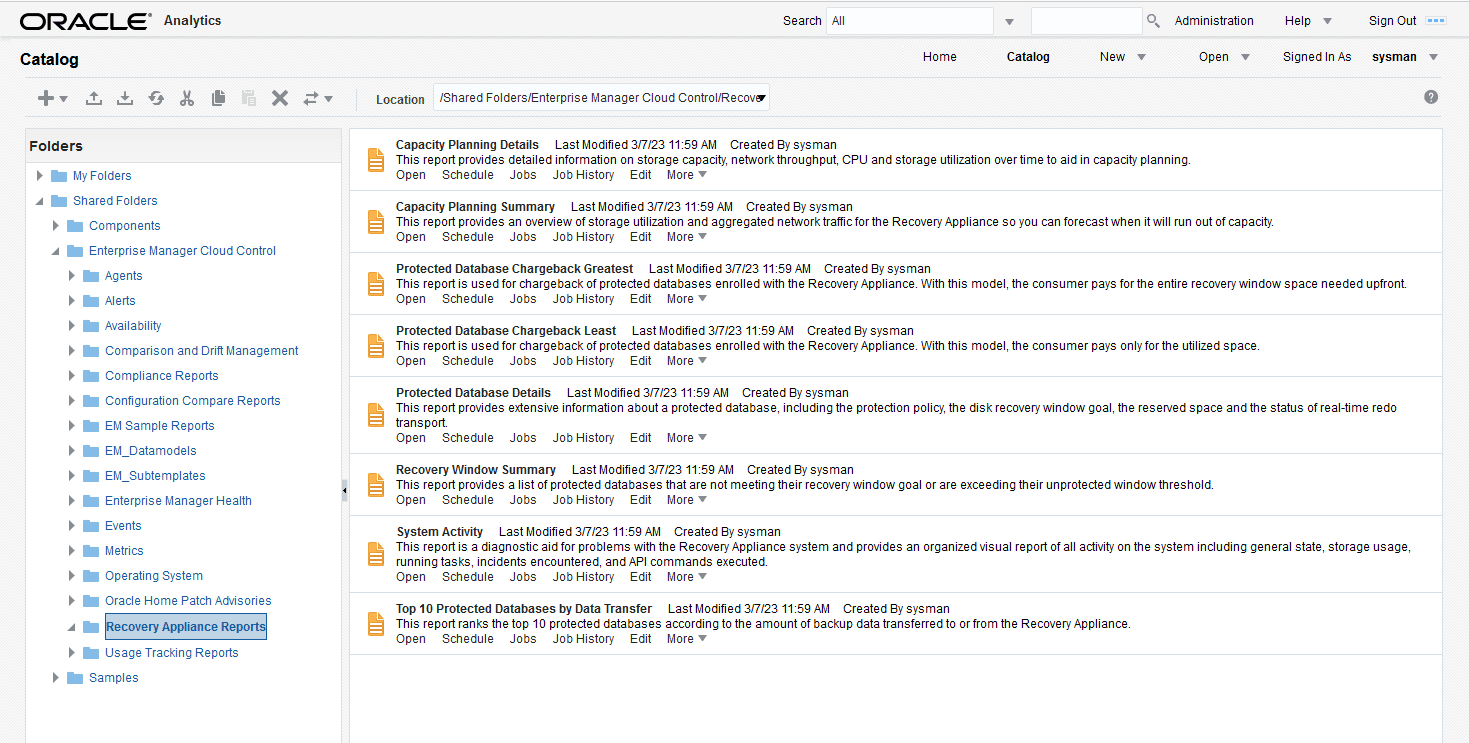 Displays the shared folder tree in OAP to get to reports for the Recovery Appliance.