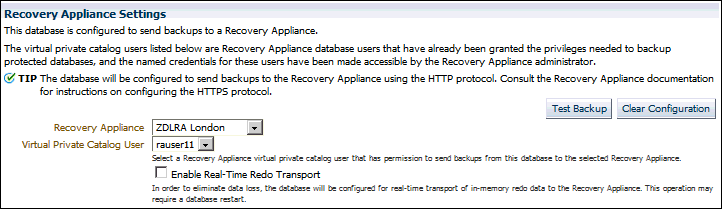 Recovery Appliance Settings Section of Backup Settings Page