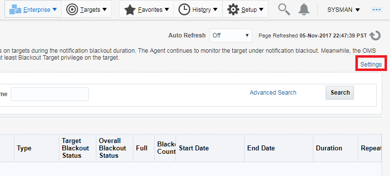Settings link on the Blackouts page.