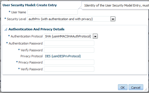 User Security Model Entries dialog