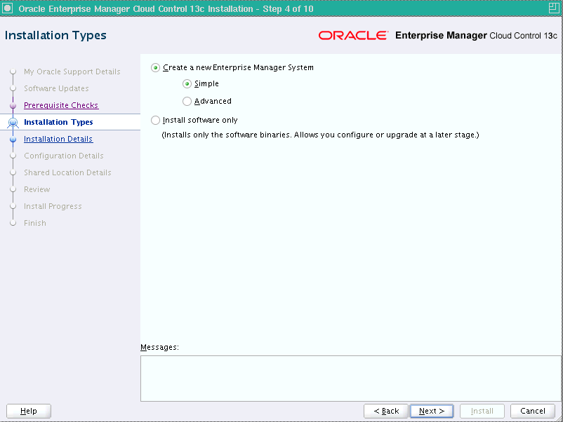 Installation Types Screen for Simple Installation