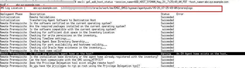 Output of emcli get_add_host_status