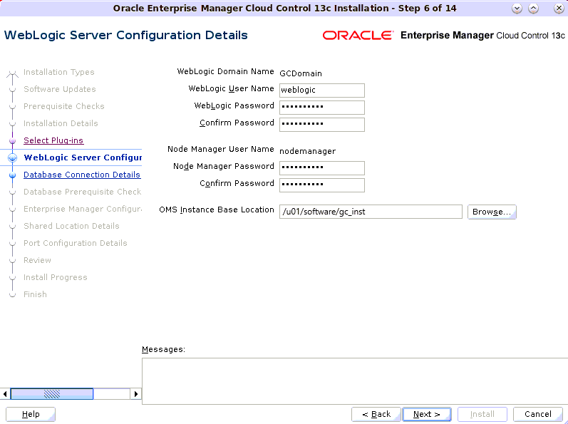 WebLogic Server Configuration Details screen WebLogic Server Configuration Details screen