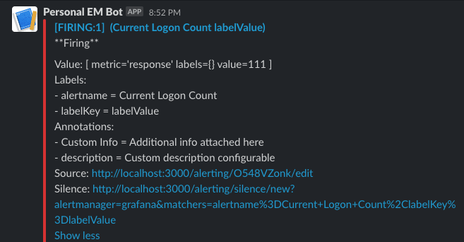 Example of Slack notification when an alert rule is triggered