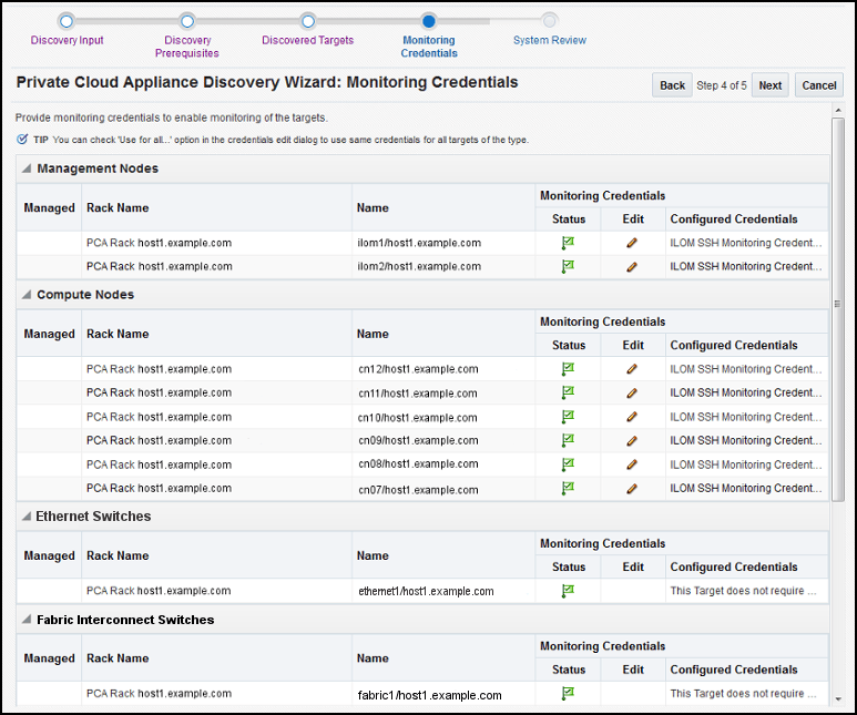 Image Private Cloud Appliance Discovery Wizard: Monitoring Credentials