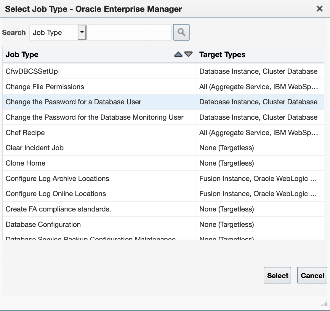 Graphic shows the Job type selection dialog fo non-dbsnmp users.r Graphic shows the Job type selection dialog fo non-dbsnmp users.r